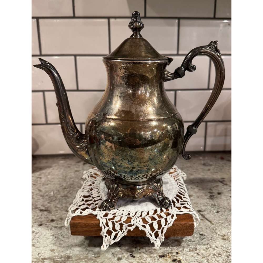 Vintage Ornate Silver Plated Footed Teapot Hinged Lid Victorian Style Tarnished